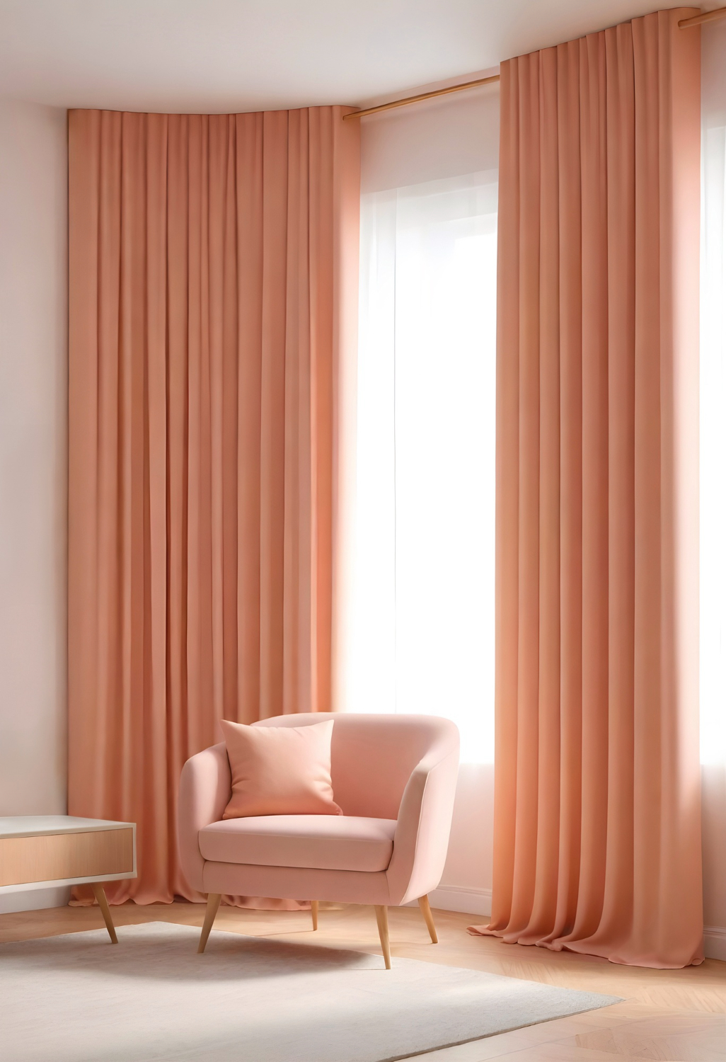 image of a bedroom where a man is opening the double curtains